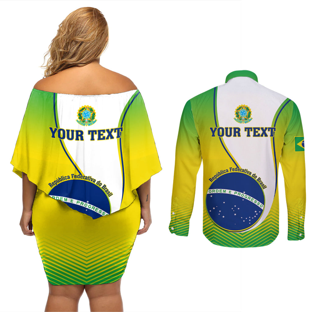 Back view set: off-shoulder short dress and button shirt with 'YOUR TEXT' Brazil graphic