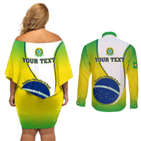 Back view set: off-shoulder short dress and button shirt with 'YOUR TEXT' Brazil graphic