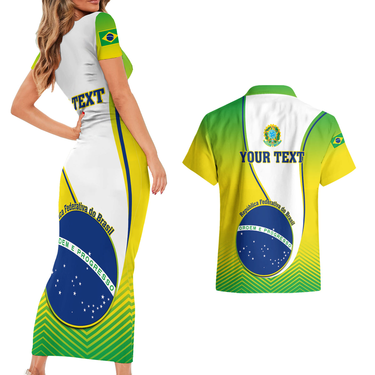 Brazil-themed matching bodycon dress and green Hawaiian shirt with YOUR TEXT