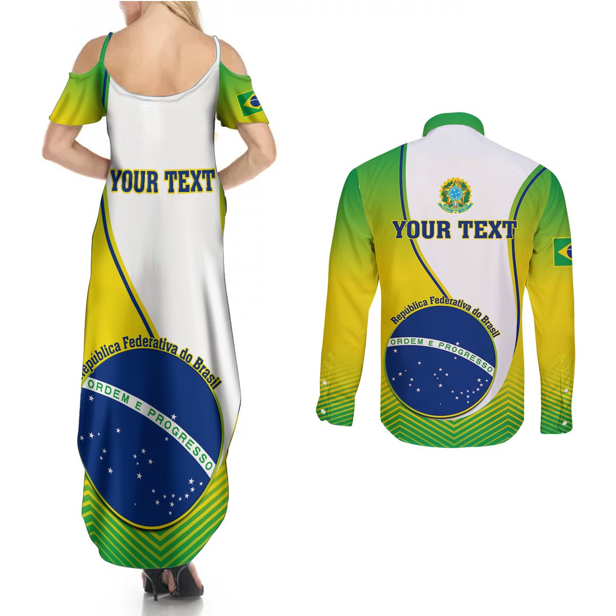 Green and yellow printed maxi dress and long-sleeve button shirt set, Brazil emblem on back