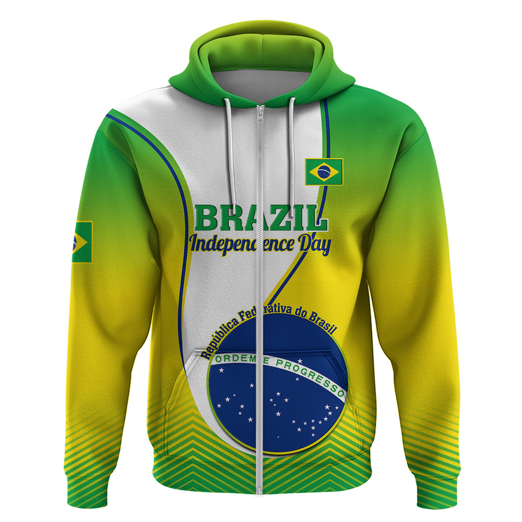 Front view zip-up hoodie in green, yellow, and white with Brazil Independence Day logo.