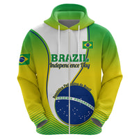 Zip-up hoodie front with Brazil emblem, center zipper, and green hood.