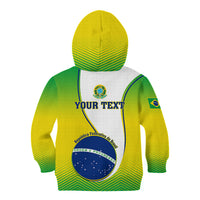 Kids green zip hoodie back view with “YOUR TEXT” and Brazil emblem print