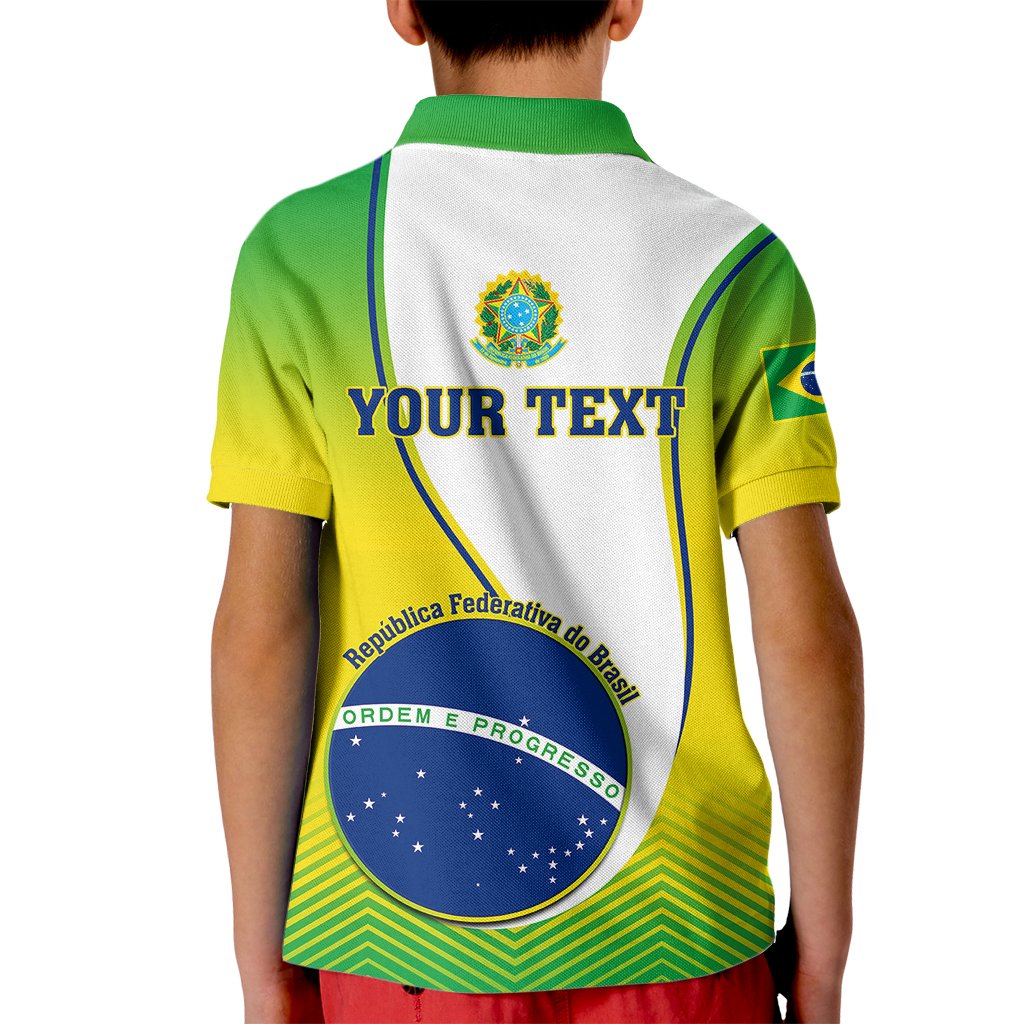 Kids' polo shirt back with 'YOUR TEXT' and Brazil emblem, green/yellow graphic