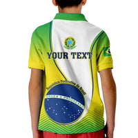 Kids' polo shirt back with 'YOUR TEXT' and Brazil emblem, green/yellow graphic