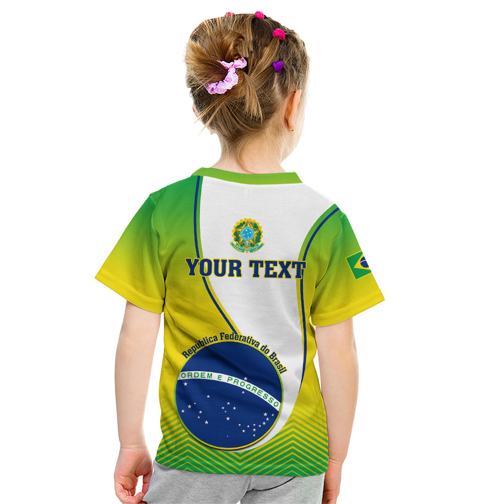 Kids' green-and-yellow Brazil T-shirt with back 'YOUR TEXT' and Brazil crest graphic