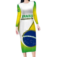 Green long-sleeve bodycon midi dress with Brazil flag graphic in blue and yellow