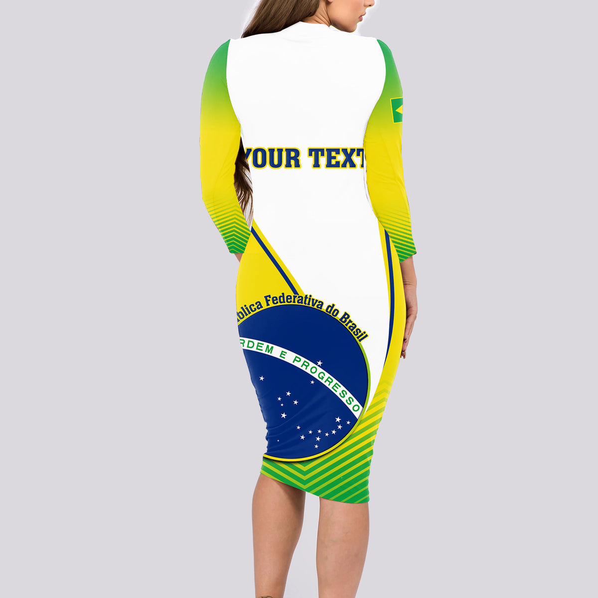Back view green long-sleeve bodycon midi dress with Brazil flag graphic and YOUR TEXT
