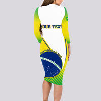 Back view green long-sleeve bodycon midi dress with Brazil flag graphic and YOUR TEXT