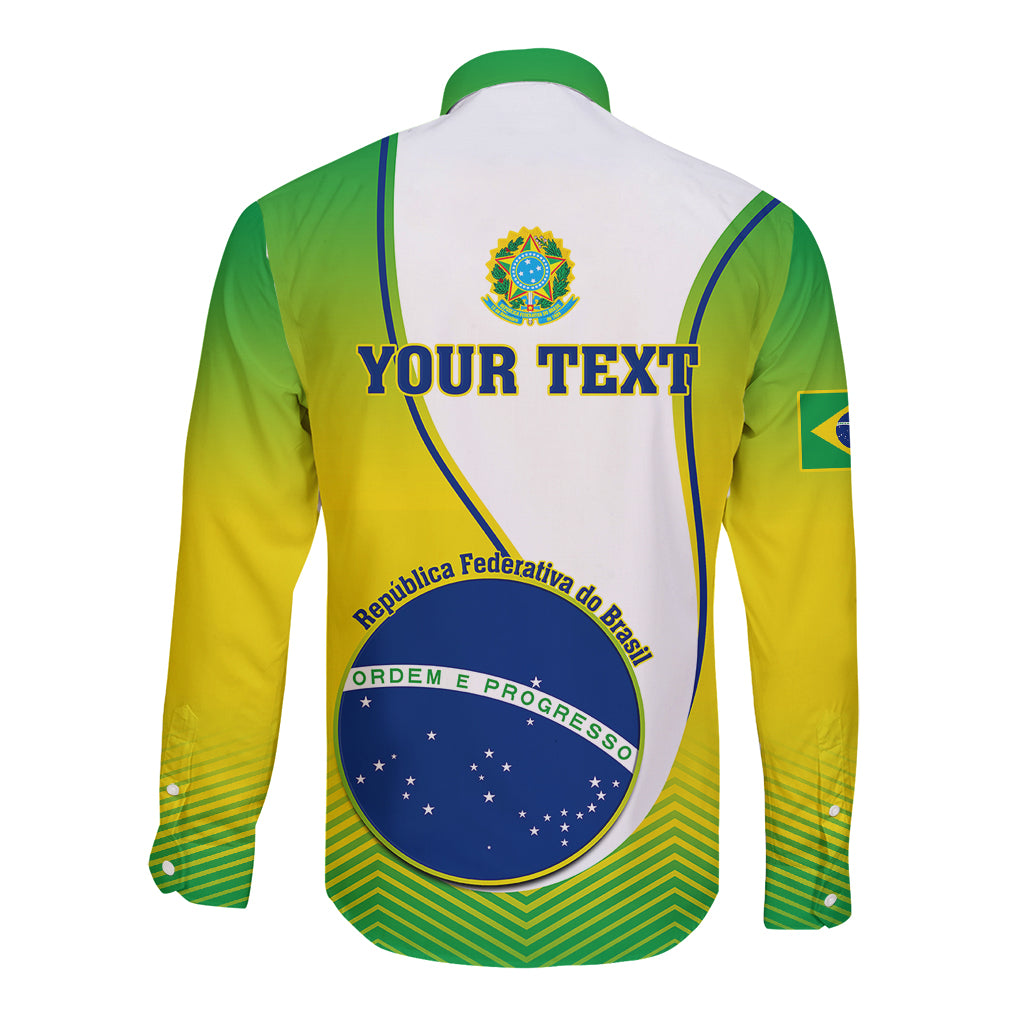 Green and yellow long-sleeve button shirt, Brazil crest and customizable text on back
