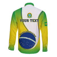 Green and yellow long-sleeve button shirt, Brazil crest and customizable text on back