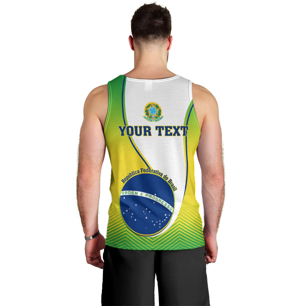Men's tank top, white back with green trim and YOUR TEXT Brazil Independence Day print