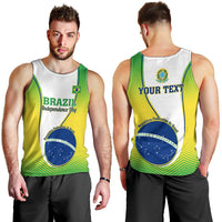 Men's tank top front and back, white with green trim and yellow Brazil Independence Day print