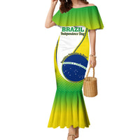 Green mermaid-style off-shoulder dress with Brazil-themed graphic, yellow hem flare.