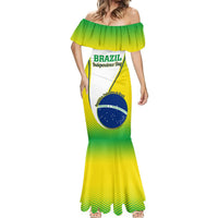 Green off-shoulder mermaid maxi dress with Brazil Independence Day graphic and flared hem.