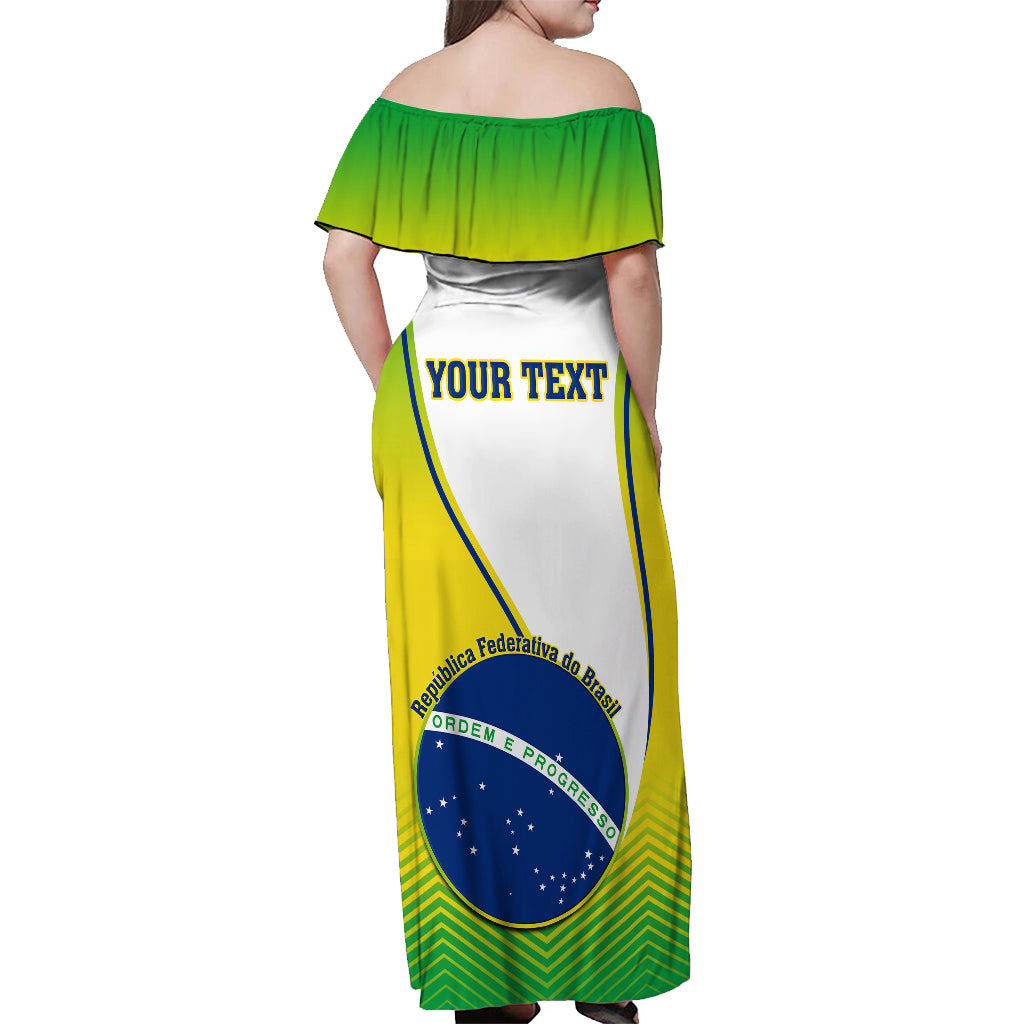 Green off-shoulder maxi dress, open-back view, white panel with blue Brazil seal and custom text