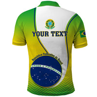 Green and white Brazil polo shirt back with crest, 'YOUR TEXT', and Ordem e Progresso