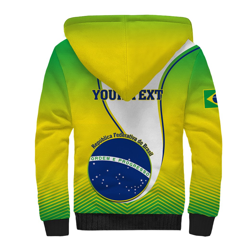 Unisex sherpa-lined hoodie, green and yellow hood with Brazil shield graphic on back