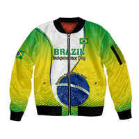 Green-yellow zip bomber jacket with ribbed cuffs and Brazil Independence Day graphic front