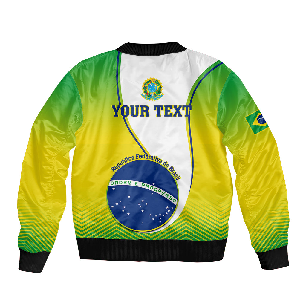 Green-yellow bomber jacket with ribbed cuffs and Brazil crest graphic on back, YOUR TEXT