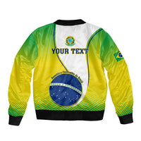 Green-yellow bomber jacket with ribbed cuffs and Brazil crest graphic on back, YOUR TEXT