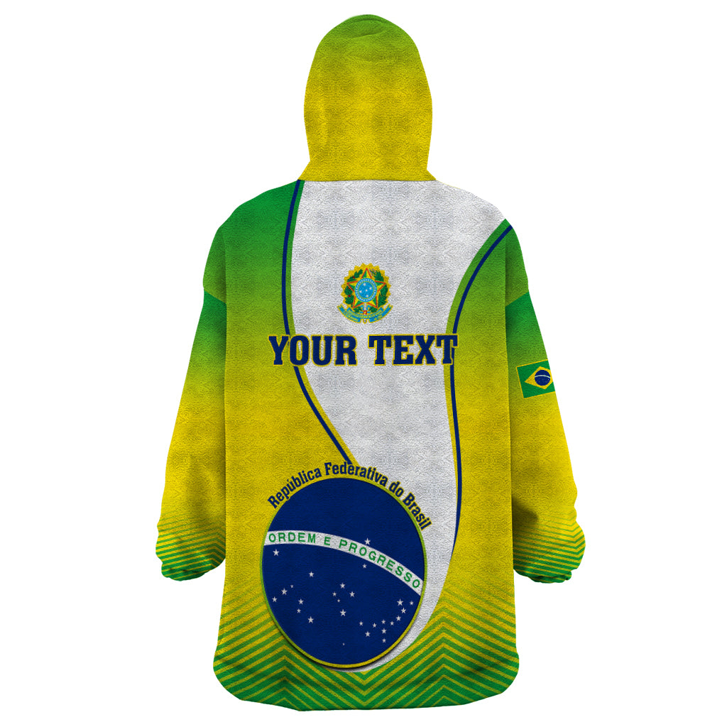 Wearable blanket hoodie, back view with placeholder text, green and yellow with Brazil crest