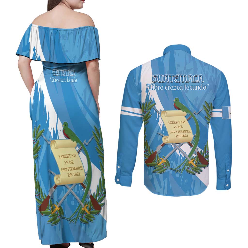 Guatemala Independence Day Couples Matching Off Shoulder Maxi Dress and Long Sleeve Button Shirt Coat Of Arms With Resplendent Quetzal Grunge Style - Wonder Print Shop