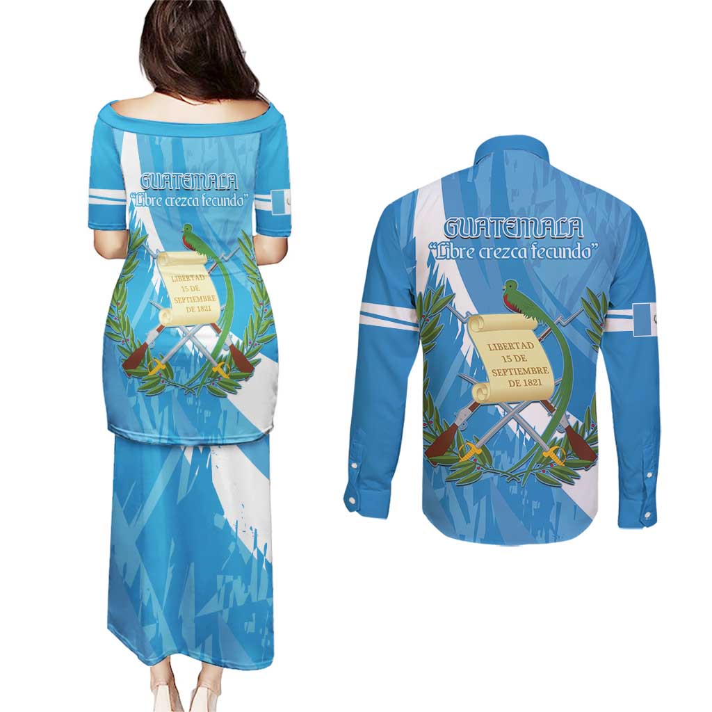 Guatemala Independence Day Couples Matching Puletasi and Long Sleeve Button Shirt Coat Of Arms With Resplendent Quetzal Grunge Style - Wonder Print Shop