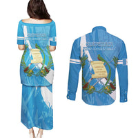 Guatemala Independence Day Couples Matching Puletasi and Long Sleeve Button Shirt Coat Of Arms With Resplendent Quetzal Grunge Style - Wonder Print Shop