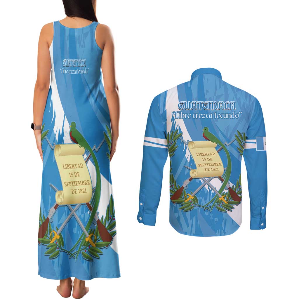 Guatemala Independence Day Couples Matching Tank Maxi Dress and Long Sleeve Button Shirt Coat Of Arms With Resplendent Quetzal Grunge Style - Wonder Print Shop