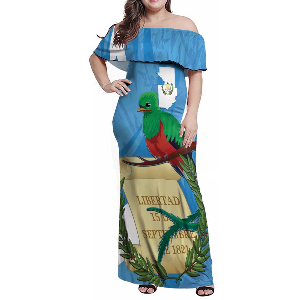 Guatemala Independence Day Family Matching Off Shoulder Maxi Dress and Hawaiian Shirt Coat Of Arms With Resplendent Quetzal Grunge Style - Wonder Print Shop
