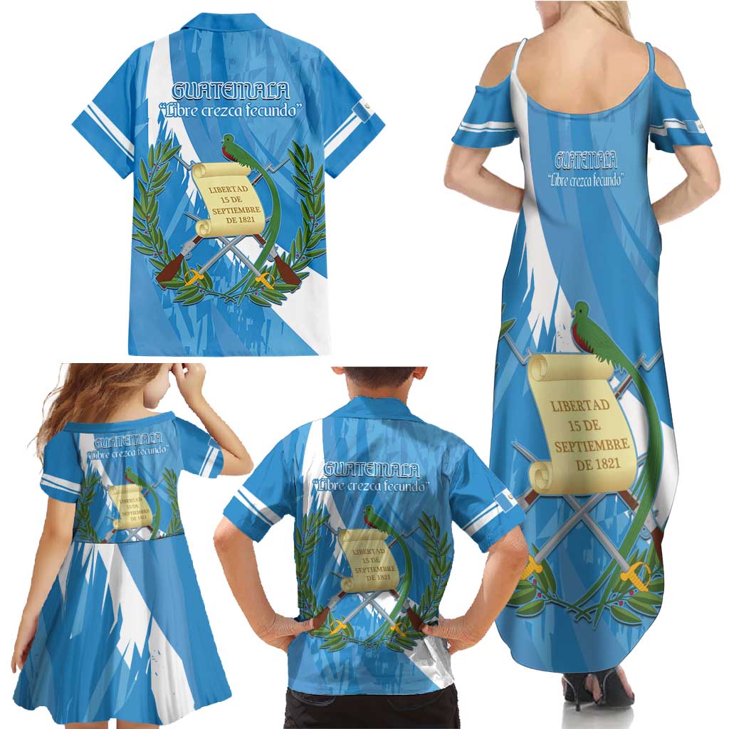 Guatemala Independence Day Family Matching Summer Maxi Dress and Hawaiian Shirt Coat Of Arms With Resplendent Quetzal Grunge Style - Wonder Print Shop