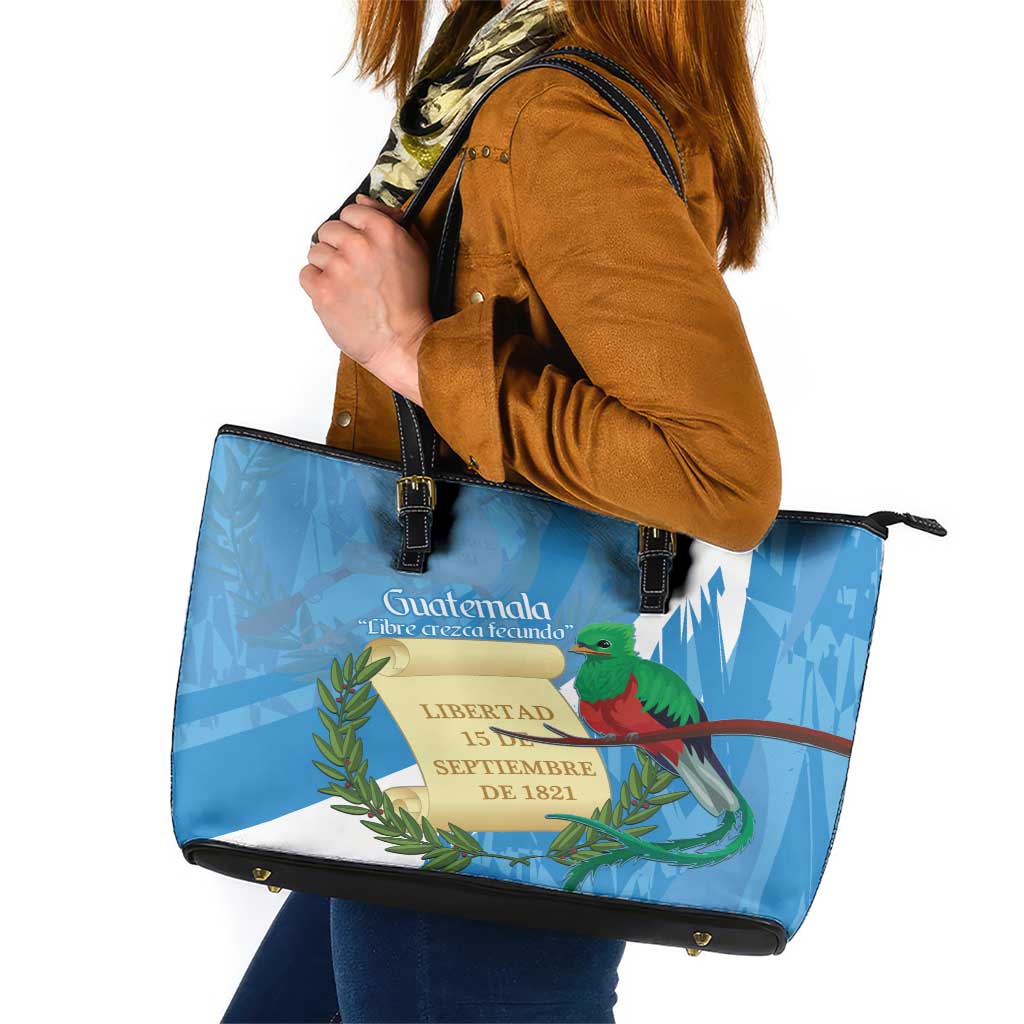 Guatemala Independence Day Leather Tote Bag Coat Of Arms With Resplendent Quetzal Grunge Style - Wonder Print Shop