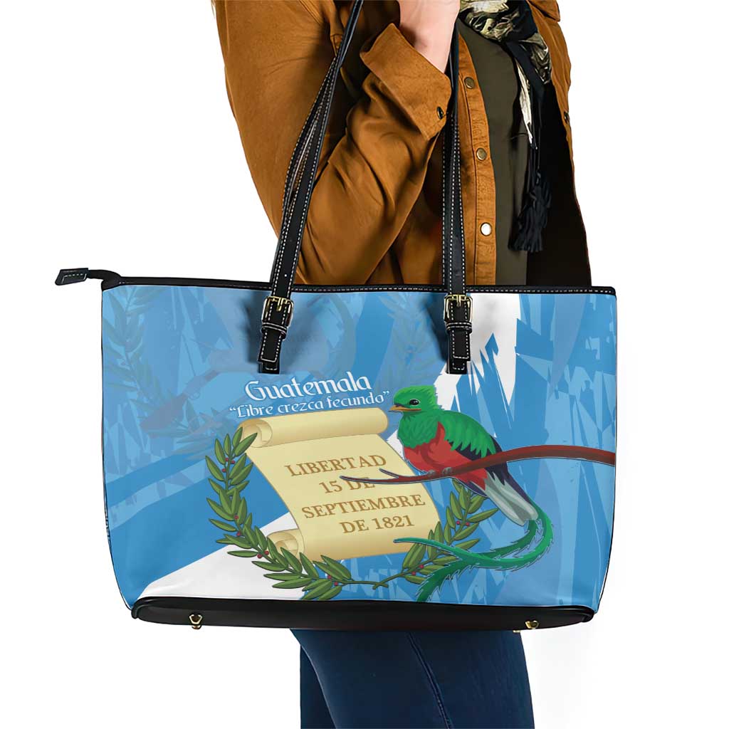 Guatemala Independence Day Leather Tote Bag Coat Of Arms With Resplendent Quetzal Grunge Style - Wonder Print Shop