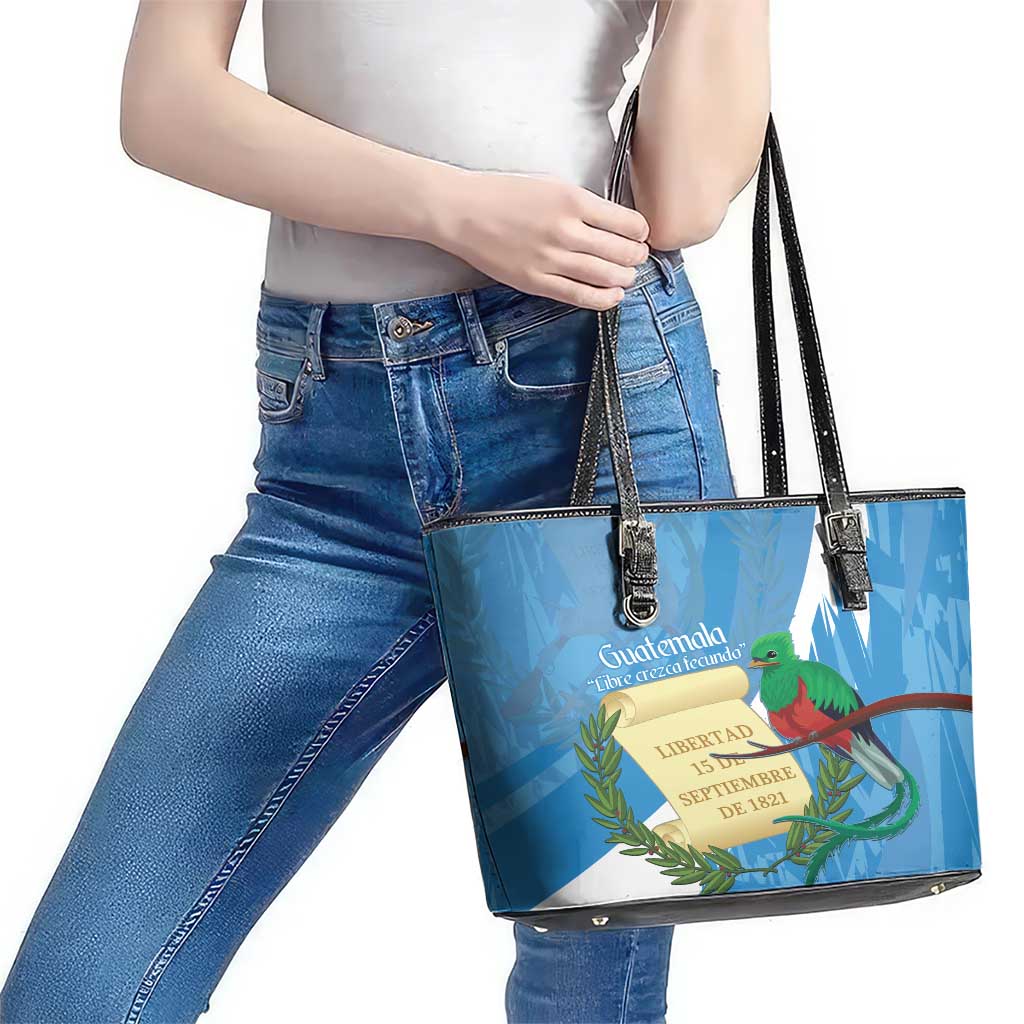 Guatemala Independence Day Leather Tote Bag Coat Of Arms With Resplendent Quetzal Grunge Style - Wonder Print Shop