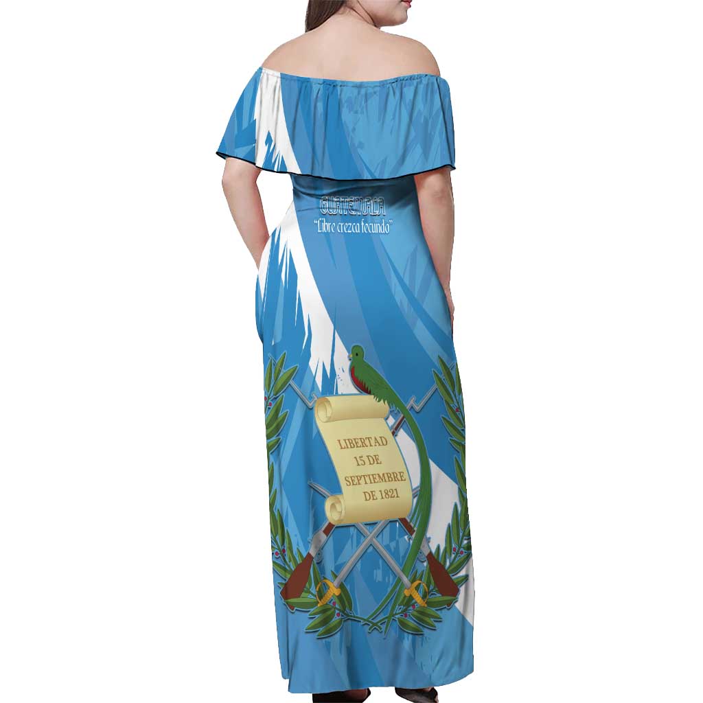 Guatemala Independence Day Off Shoulder Maxi Dress Coat Of Arms With Resplendent Quetzal Grunge Style - Wonder Print Shop