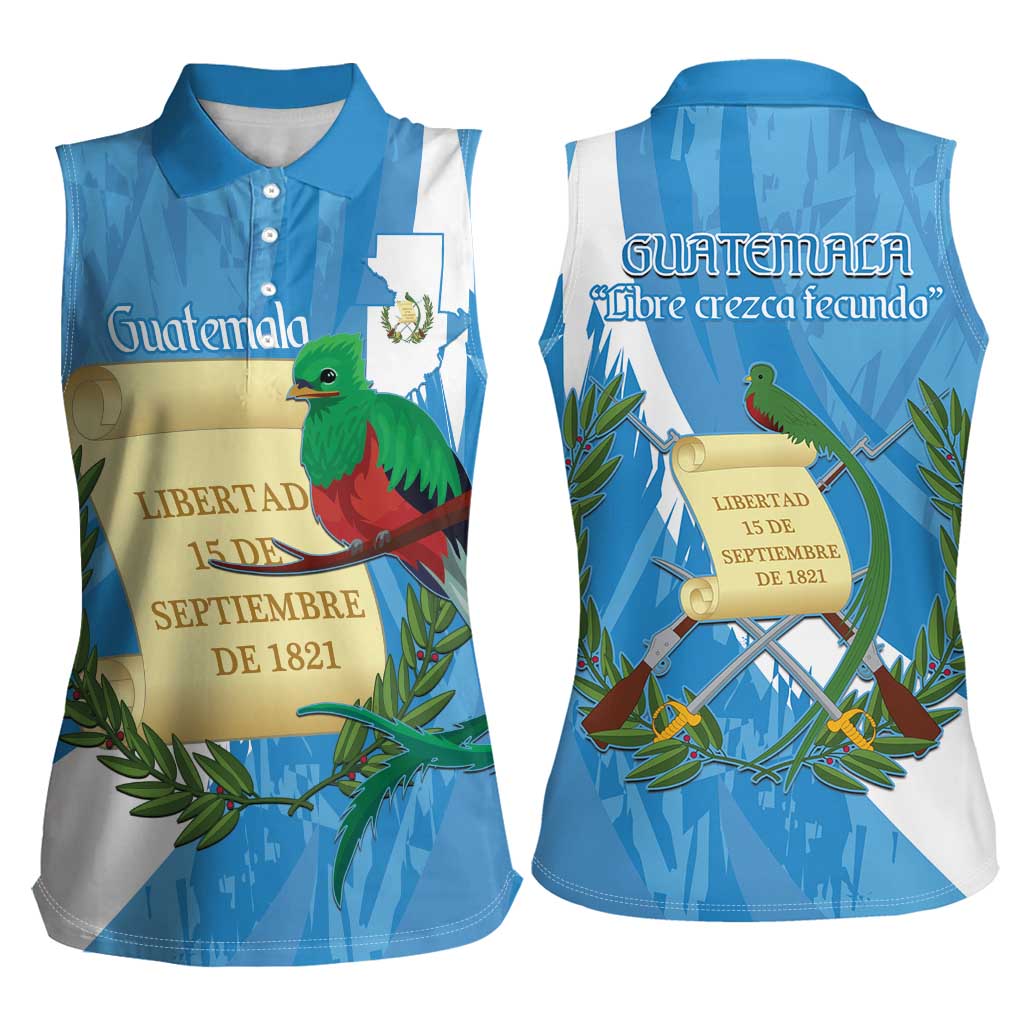 Guatemala Independence Day Women Sleeveless Polo Shirt Coat Of Arms With Resplendent Quetzal Grunge Style - Wonder Print Shop