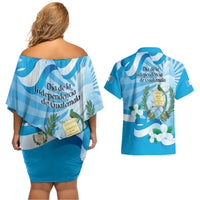 Guatemala Independence Day Couples Matching Off Shoulder Short Dress and Hawaiian Shirt Since 1821 Coat Of Arms With Tikal - Wonder Print Shop