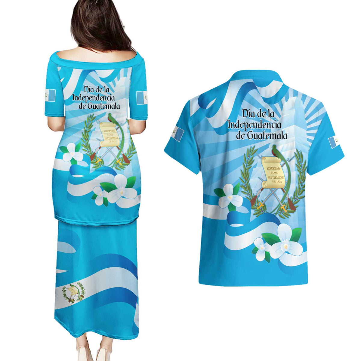Guatemala Independence Day Couples Matching Puletasi and Hawaiian Shirt Since 1821 Coat Of Arms With Tikal - Wonder Print Shop
