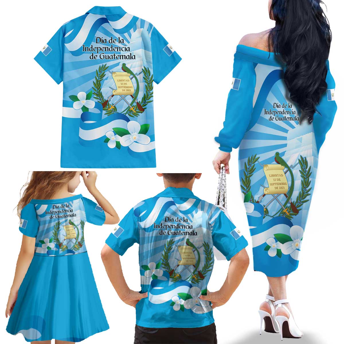 Guatemala Independence Day Family Matching Off The Shoulder Long Sleeve Dress and Hawaiian Shirt Since 1821 Coat Of Arms With Tikal - Wonder Print Shop
