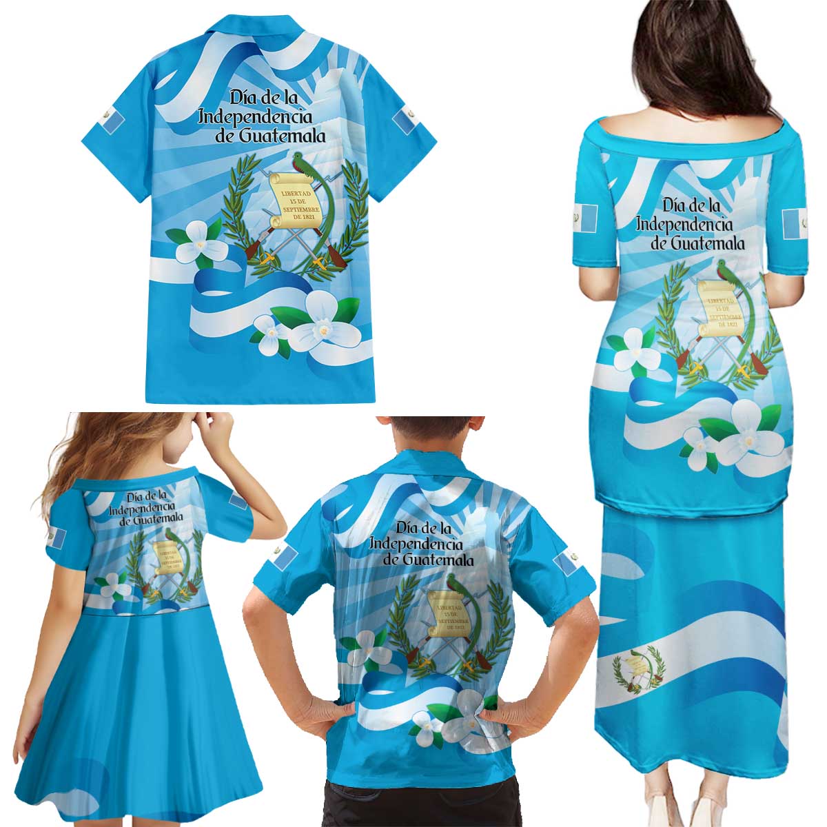 Guatemala Independence Day Family Matching Puletasi and Hawaiian Shirt Since 1821 Coat Of Arms With Tikal - Wonder Print Shop