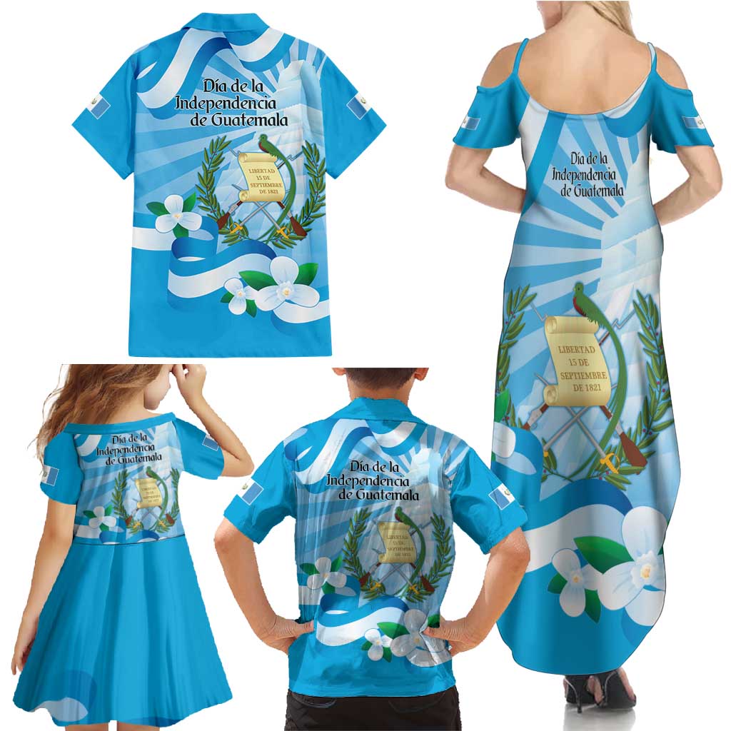 Guatemala Independence Day Family Matching Summer Maxi Dress and Hawaiian Shirt Since 1821 Coat Of Arms With Tikal - Wonder Print Shop