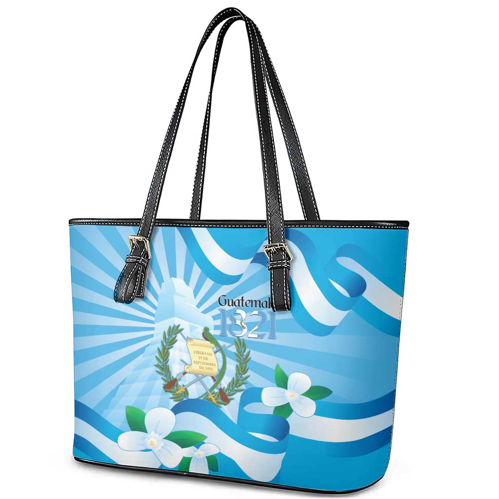 Guatemala Independence Day Leather Tote Bag Since 1821 Coat Of Arms With Tikal - Wonder Print Shop