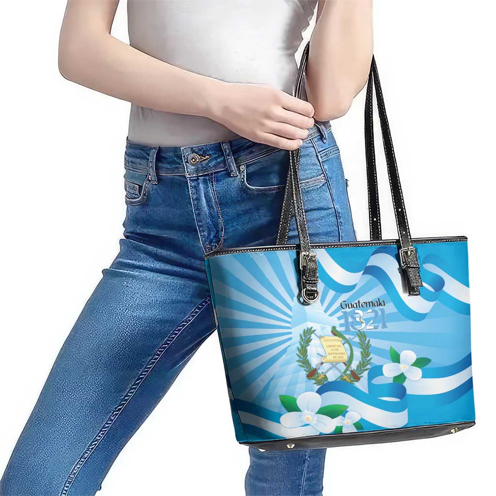 Guatemala Independence Day Leather Tote Bag Since 1821 Coat Of Arms With Tikal - Wonder Print Shop