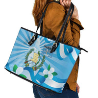 Guatemala Independence Day Leather Tote Bag Since 1821 Coat Of Arms With Tikal - Wonder Print Shop