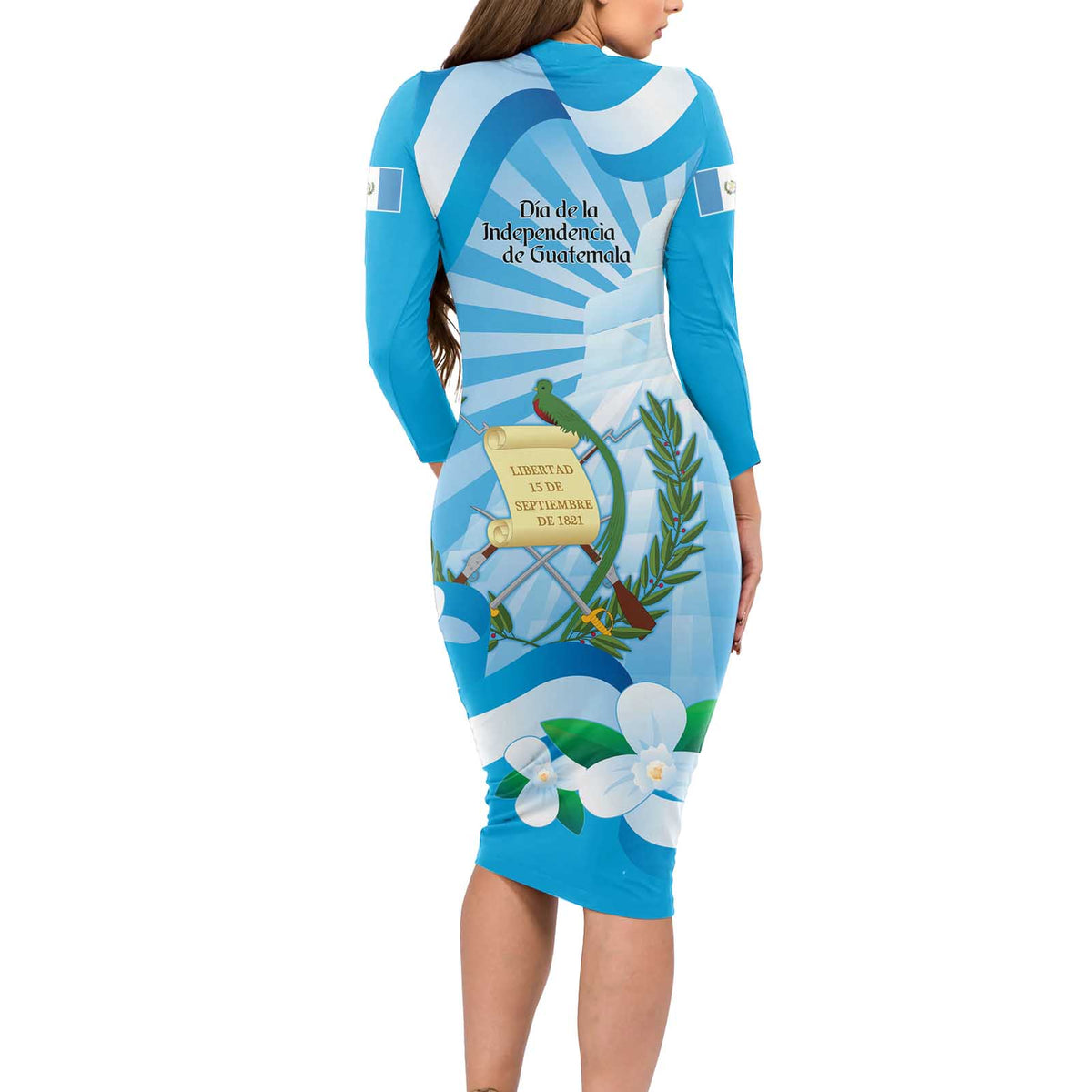 Guatemala Independence Day Long Sleeve Bodycon Dress Since 1821 Coat Of Arms With Tikal - Wonder Print Shop