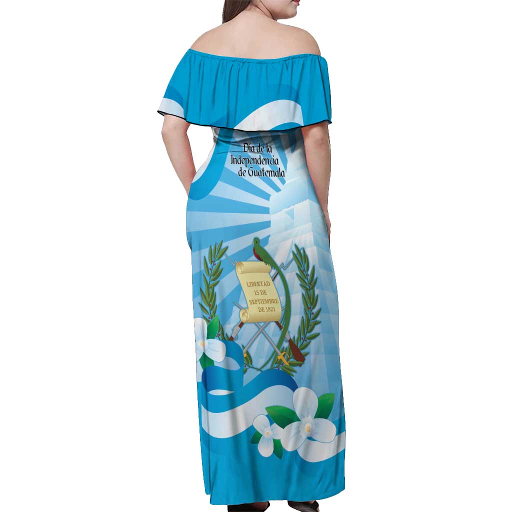 Guatemala Independence Day Off Shoulder Maxi Dress Since 1821 Coat Of Arms With Tikal - Wonder Print Shop