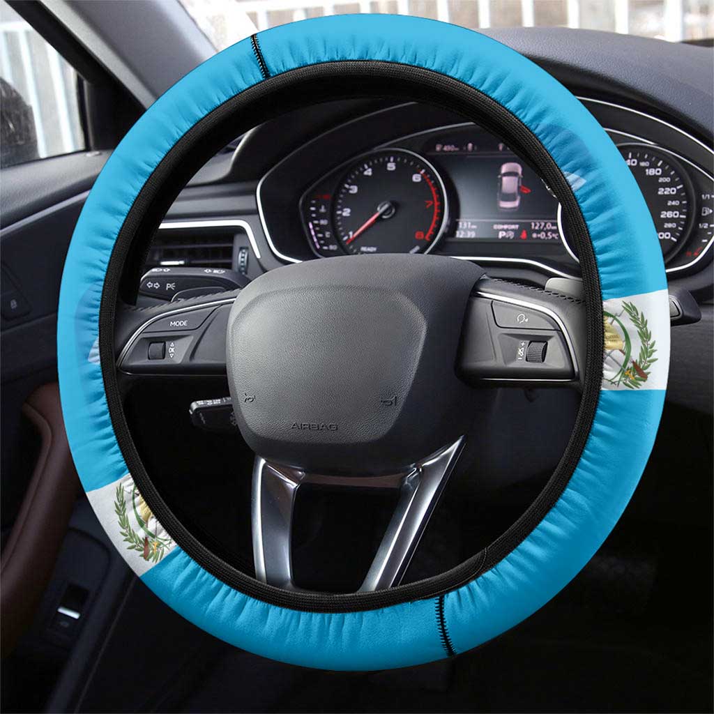 Guatemala Independence Day Steering Wheel Cover Since 1821 Coat Of Arms With Tikal - Wonder Print Shop