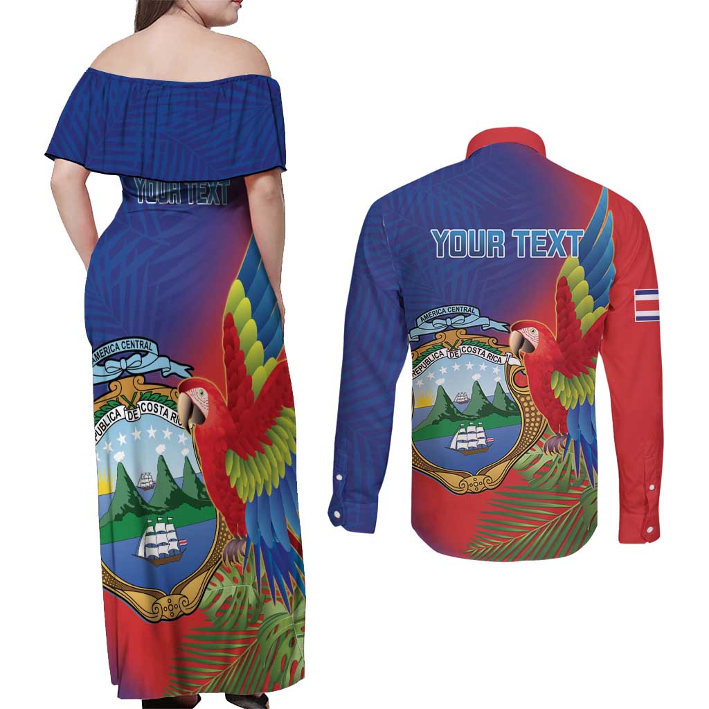 Personalized Costa Rica Independence Day Couples Matching Off Shoulder Maxi Dress and Long Sleeve Button Shirt Scarlet Macaw Parrot With Coat Of Arms - Wonder Print Shop