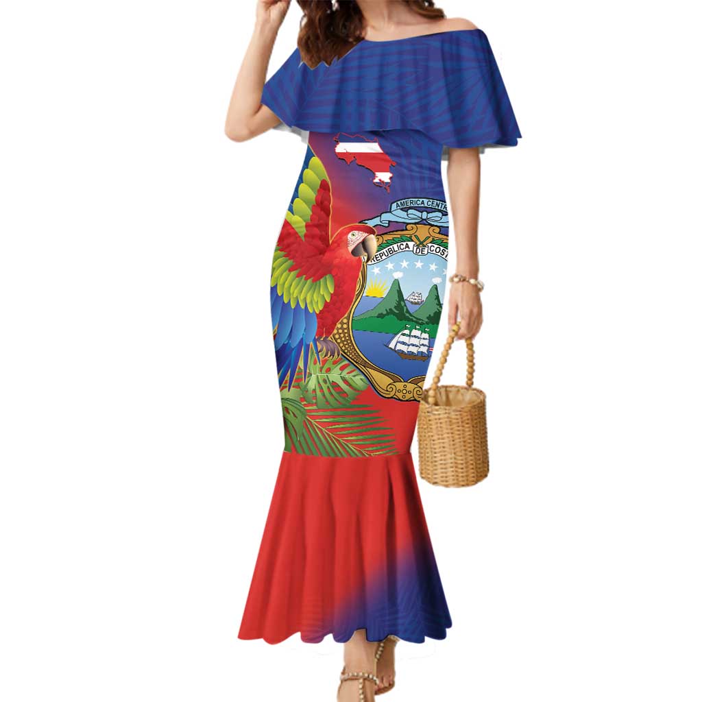 Personalized Costa Rica Independence Day Family Matching Mermaid Dress and Hawaiian Shirt Scarlet Macaw Parrot With Coat Of Arms - Wonder Print Shop